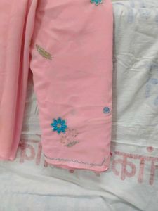 Pink Saree With Sky-blue Flower