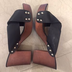 Black Leather &amp; Wood Heeled Mules