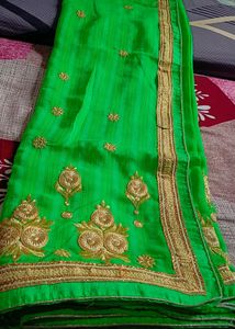 Parrot Green Zari Work Saree With Blouse