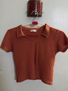 Orange Ribbed Polo Top