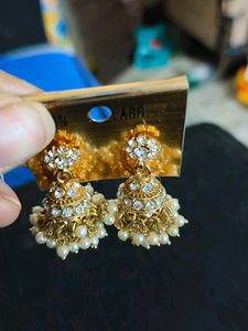 Gold Colour Pearl &amp; Stone Jhumka
