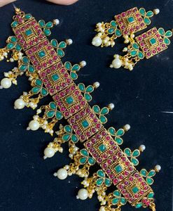 Red And Green Kundan stone Choker Set