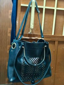 Elegant Black Studded Handbag with Pouch – Stylish