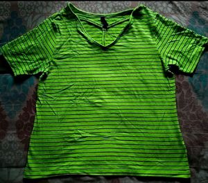 Neon Green Striped V-Neck Tee