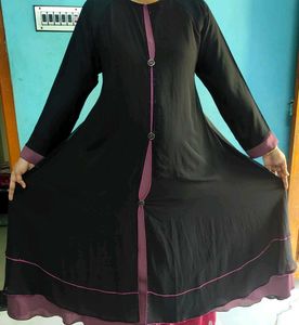 Elegant Black Abaya with Purple Trim