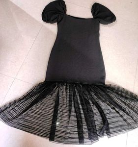 Puff Sleeve Square Neck Net Frill Flare Bodycon