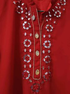 Red Embellished Kurta With Mirror Work