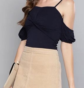 Navy Blue Bardot Crop Top with Bow | Sleeveless |