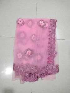 Pink Floral Applique Saree with Petticoat