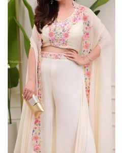 Cream Georgette Festive Cape Sharara Set