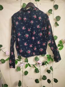 Floral Print Navy Blue Shirt For Office Wear.