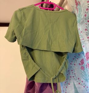 Green Ribbed Tie-Back Top