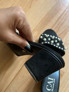 Black Pearl Suede Block Heel Sandals