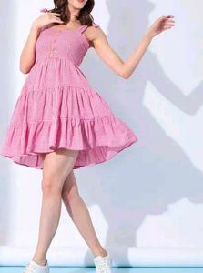 Pink Gingham Tiered Mini Dress