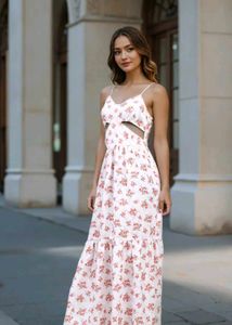 Spaghetti Strap Floral Print Cut-Out A-Line Dress