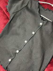 Black Ribbed Button-Down Top