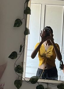 Yellow Ribbed Tie-Front Top