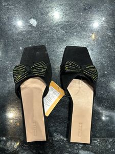 Black Embellished Open Toe Flats