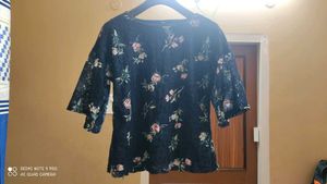 Navy Blue Lace Top with Floral Patterns