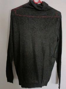Gray Turtleneck Top with Lace Detail
