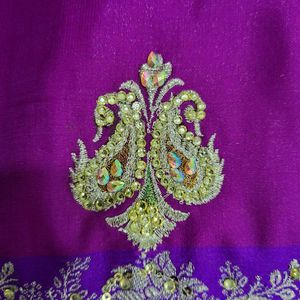 Purple Embroidered Zari Work Saree with Blouse