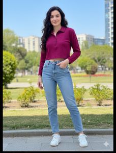 Trendy Cropped Magenta Long-Sleeve Polo Top