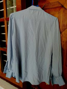 Elegant Light Blue Office Wear Shirt Bow Tie Nec