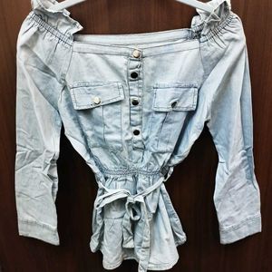 Denim Print Off Shoulder Tunic Top