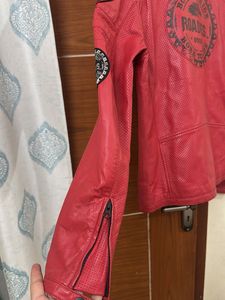 Red Perforated Leather Biker Jacket