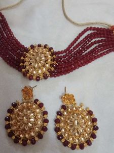 Maroon Beaded Necklace &amp; Earring Set
