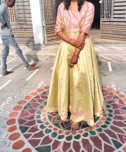 Elegant Pink &amp; Gold Anarkali Dress