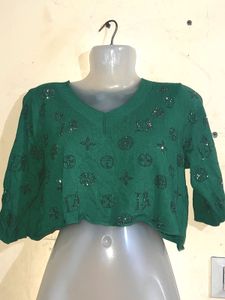 Embellished Green Crop Top