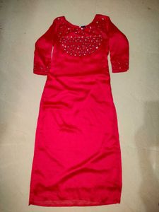 Rose Colour Straight Kurti With Stone Work
