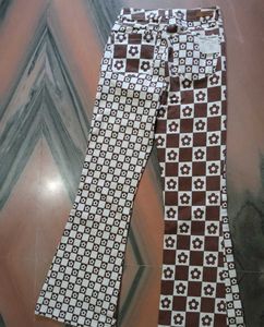 Retro Floral Checkerboard Flare Jeans