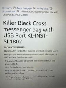 Killer Black Cross Messenger Bag With USB Port