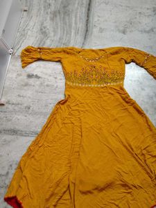 Mustard Thread Work Anarkali Flared Kurti