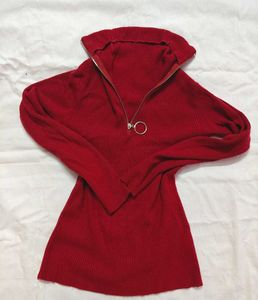 Red Zipper Highneck Knit Top