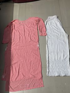 Pink Kurti Set with White Embroidery