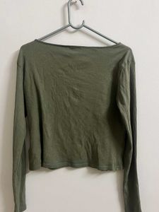 Olive Green Ribbed V-Neck Long Sleeve Crop Top – H