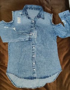 Distressed Denim Cold Shoulder Top