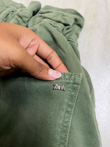 Zara Olive Green Ruffle Waist Denim Pants