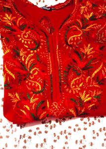 Handwork Chickenkari Red Embroidered Kurta