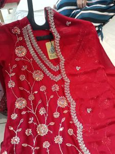 Red Embroidered Sharara Dress