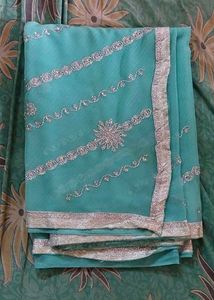 Elegant cyan Saree with Silver Work