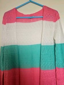 Striped Open Knit Long Cardigan