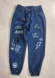 Vintage Blue Graffiti-Print Denim Jogger Jeans (Un
