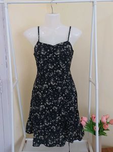 Drawstring Black Floral Dress