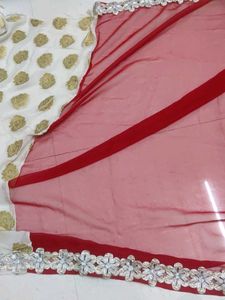 White &amp; Gold Saree with Floral Details