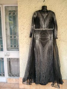 Glitter sparkled striped couture gown