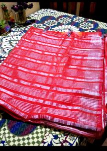 Red &amp; Silver Striped Saree....sari Buy Two One Fre